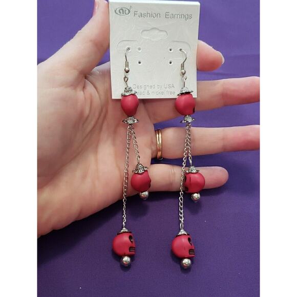 Dark Pink Skull Long Dangle Earrings Halloween Bikercore Punkcore Rocker Goth - Picture 3 of 5